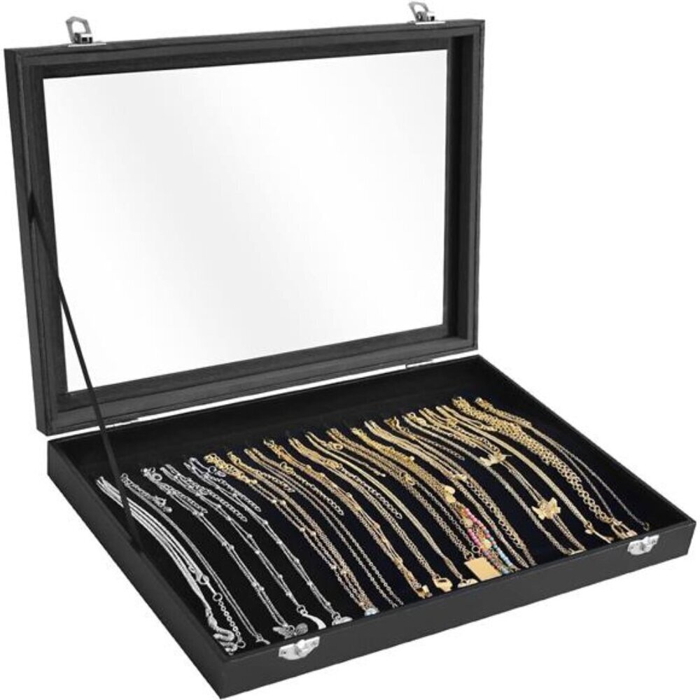 Premium Necklace Organizer Box - 20 Hooks Jewelry Tray with Transparent Lid -